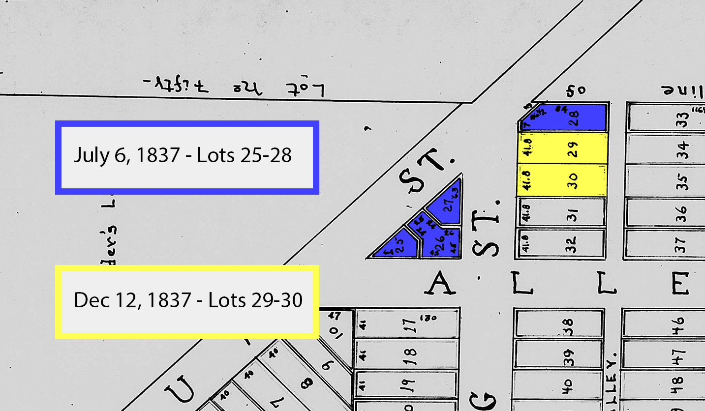 The original plan for the Perkins & Schermerhorn Tract from 1827. Xavier purchased lots 25-30 in 1837