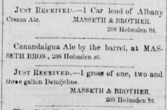 A typical set of advertisements for the “Masseth Bros” liquor store, from the January 17, 1866 edition of the Pithole Daily Record
