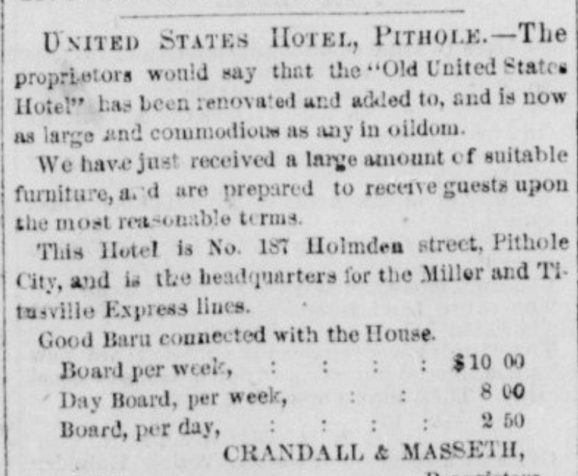 Updated advertisement for the United States Hotel, from the September 25, 1865 edition of the Pithole Daily Record
