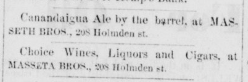 The earliest surviving advertisement for the Masseth & Brother liquor store, from the December 7, 1865 edition of the Pithole Daily Record