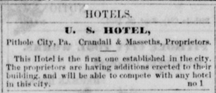 Earliest advertisement for the United States Hotel, from the September 25, 1865 edition of the Pithole Daily Record